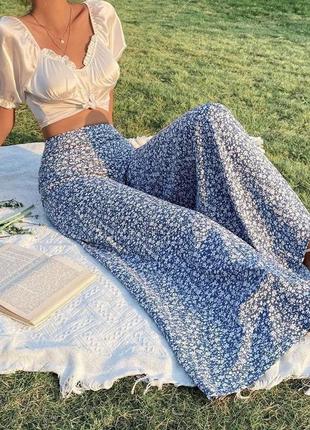 Брюки штани висока посадка кльош кант оверсайз палаццо принт квітковий квіти