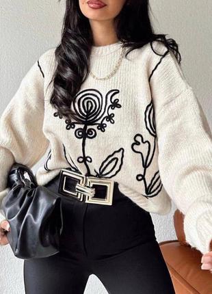 Стильный свитер оверсайз с вышивкой, женский свитерик в этно стиле
