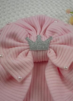Шапка-чалма для новорожденного бант с короной (3-6 мес) розовая4 фото