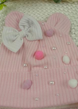 Шапка для новорожденного с бантом и ушками (0-3 мес) розовая3 фото