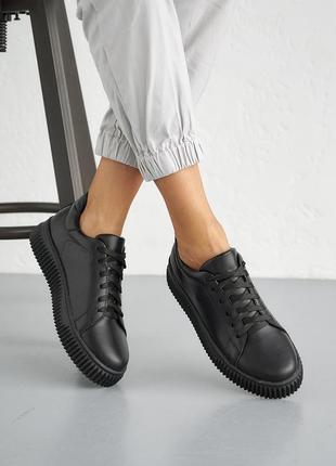 Стильные базовые черные кроссовки женские, весенне-осенни,деми,осень-весна, кожаные/кожа-женская обувь6 фото