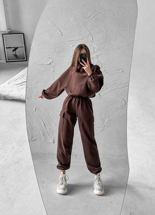 Спортивный костюм трехнить на флисе толстовка oversize + джоггеры карго