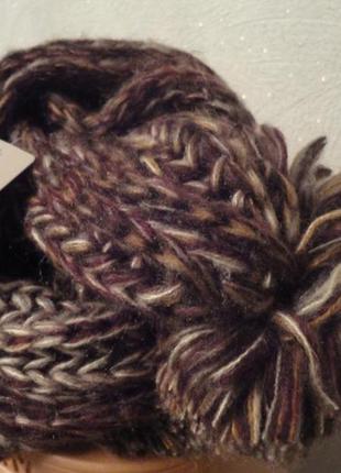 Коричневый вязаный шарф, зима с бубоном5 фото