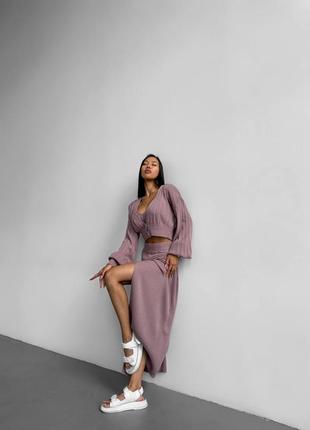 Вязаный костюм тройка топ кардиган и юбка