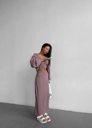 Вязаный костюм тройка топ кардиган и юбка