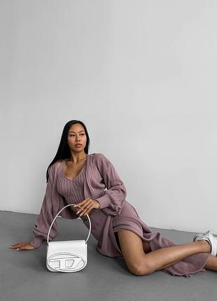 Вязаный костюм тройка топ кардиган и юбка