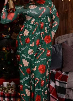 Стильное длинное стрейчевое новогоднее макси платье в пол merry christmas m-l