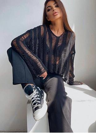 Світер гольф джемпер кофта з дирками рванка зара zara стильний тренд в’язаний оверсайз базовий білий чорний