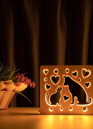 Светильник ночник arteco light из дерева led "кот и пес" с пультом и регулировкой света, цвет теплый белый2 фото