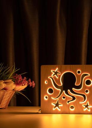 Светильник ночник arteco light из дерева led "морской осьминог" с пультом и регулировкой света, цвет теплый2 фото