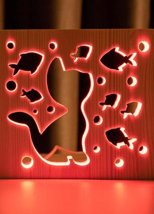 Светильник ночник arteco light из дерева led "кот и рыбки" с пультом и регулировкой цвета, rgb