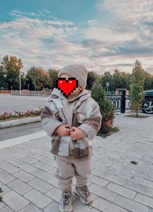 Куртка курточка детская барашка пальто в клетку 3 4 г бежевая коричневая осенняя теплая для мальчика 98 1043 фото