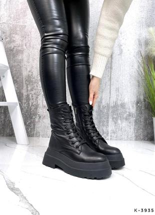 Натуральные кожаные черные демисезонные и зимние ботинки на высокой подошве3 фото