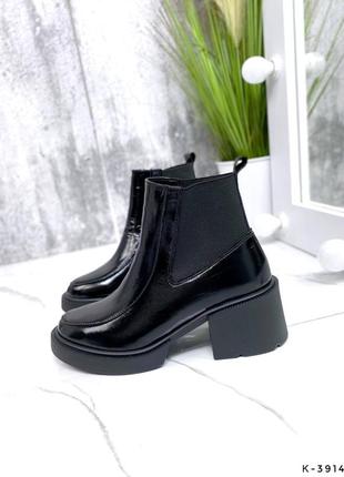 Натуральные кожаные лакированные черные демисезонные и зимние черные ботильоны - ботинки каблука4 фото