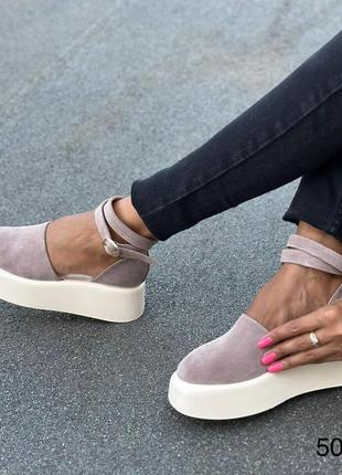 Трендові жіночі натуральні туфлі з ремінцем, туфлі пудрового кольору на завищеній підошві5 фото
