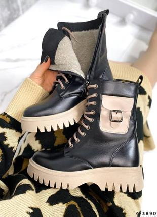 Натуральні шкіряні чорні демісезонні та зимові черевики на підошві кольору мокко9 фото