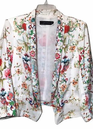 Пиджак жакет блейзер сатин шелк принт цветочный орнамент кремовый zara зара
