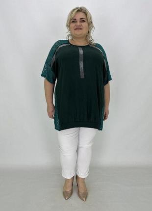 Нарядная женская летняя туника с вставкими из гипюра изумрудного цвета с 62 по 76 размер