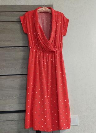 Очаровательной красное платье миди в горошек, шалевый воротник🔹короткий рукав next sp(размер 38)2 фото