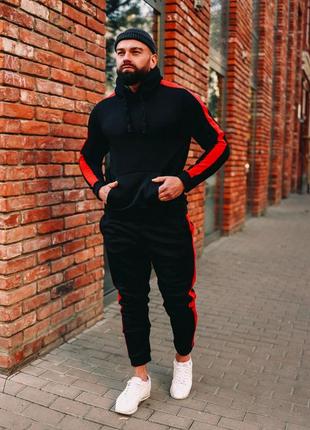 Чоловічий теплий спортивний костюм із лампасом зима чорний-червоний s m l xl