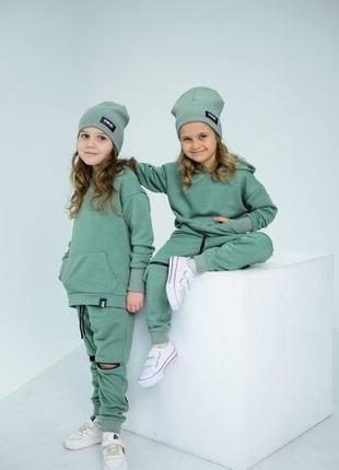 Мятный детский спортивный костюм (худи+штаны) на рост с 110 до 134 см