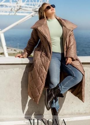 Длинное женское стёганное пальто цвета капучино батал с 48-70 размер3 фото