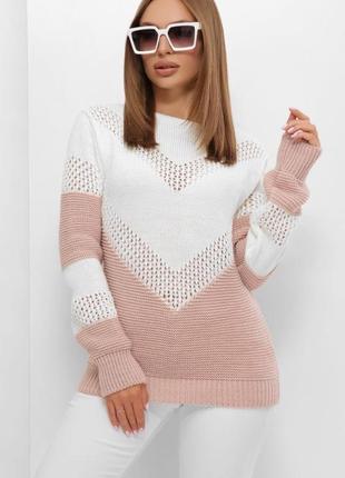 Розовый двухцветный женский вязаный свитер оверсайз с 44 по 52 размер