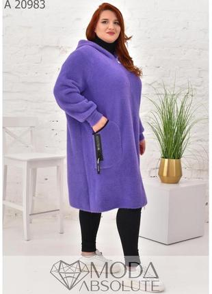 Женское стильное пальто из альпаки свободного кроя с капюшоном супер батал  62-664 фото