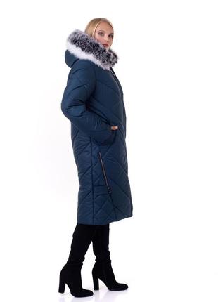Стильное зимнее пальто лилового цвета с натуральным мехом песца батал с 52 по 70 размер6 фото