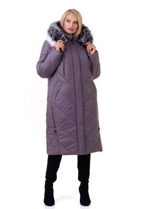 Стильное зимнее пальто лилового цвета с натуральным мехом песца батал с 52 по 70 размер