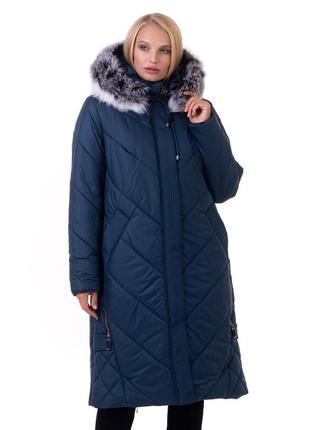Красивое женское зимнее пальто изумрудного цвета с натуральным мехом песца батал с 52 по 70 размер
