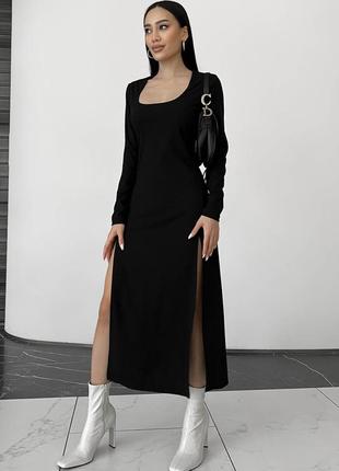Платье женско миди трикотажное в рубчик, с высокими разрезами, с длинным рукавом, черное