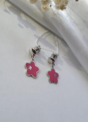 Срібні сережки (пара) гвоздики на закрутках з підвіскою квітка з рожевою емаллю срібло 925 261178 2.99г3 фото