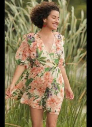 Новое шифоновое платье цветочное h&m воздушное пышное платье на запах воланы цветы пафф рукав6 фото