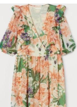 Новое шифоновое платье цветочное h&m воздушное пышное платье на запах воланы цветы пафф рукав7 фото