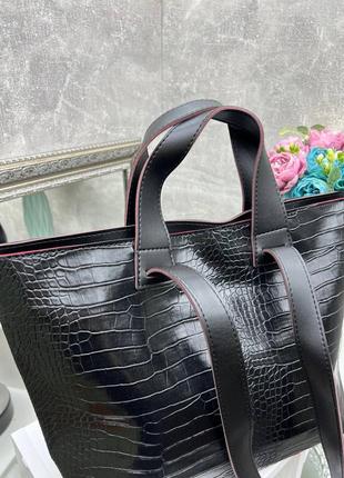 Велика чорна жіноча сумка з довгими ручками, крокодил2 фото