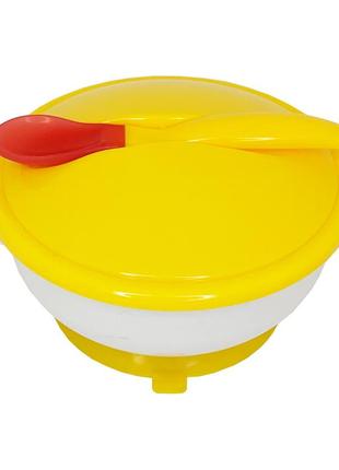 Тарелка на присоске с термоложкой и крышкой (желтая), в пак. 20*15см, тм megazayka