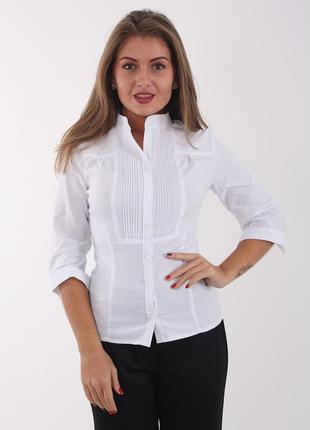 Блуза белая офисная с рукавом 3/4, воротник-стойка р1016 фото