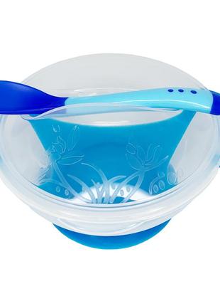 Тарелка на присоске прозрачная с термоложкой и крышкой (голубая), в пак. 19*15см, тм megazayka