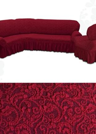 Накидка на угловой диван и кресло жаккардовые, еврочехол на угловой диван кресло натяжной турция бордовый1 фото