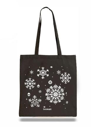 Екошопер стильний тканинна сумка з довгими ручками bookopt чорний сніжинки ku-22