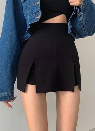 Женская юбка-шорты, длина мини, завышенная талия, черная2 фото