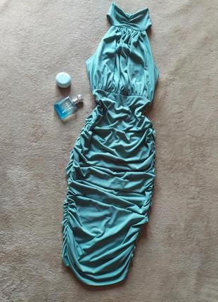 Шикарна ефектна якісна сукня міді в оливковому кольорі з присборками