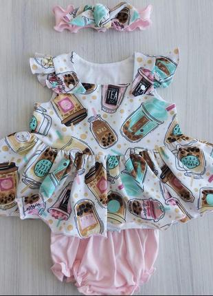 Костюм 3в1: сукня, блумери, пов'язка "принт", кулір тм "happy тот" (костюми із сукнею, сарафаном або