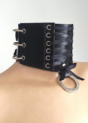 Чокер корсет. шейный корсет из плотной натуральной кожи со шнуровкой и кольцами