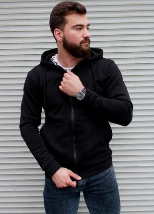 Чёрная мужская кофта с капюшоном на флисе