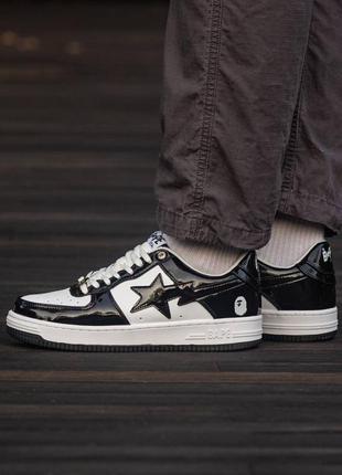 Кроссовки женские, мужские bape sta patent black white, бейп ста черные, белые, черно-белые