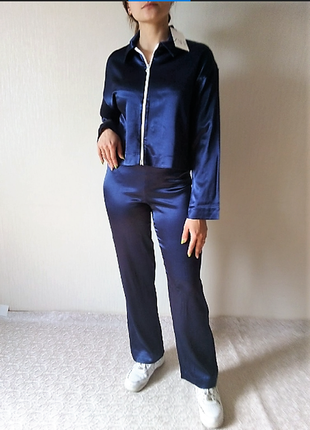 Шикарний синій костюм zara оригінал розмір s/м натуральна тканина5 фото