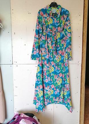 Длинное платье сорочка с каскадными краями цветочный принт струящаяся ткань софт пояс в компл