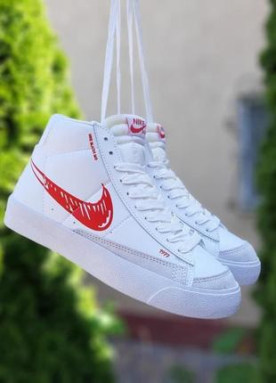 Nike blazer mid білі з червоним кросівки жіночі шкіряні відмінна якість кеди високі найк блейзер кеди осінні